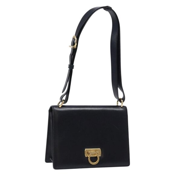 Salvatore Ferragamo Gancini Shoulder Bag Leather Navy Gold Auth 138282 - Picture 1 of 16